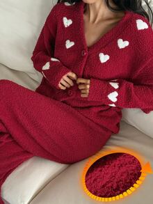 DAZY Women's 2-Piece Heart Pattern Loose Cardigan Long Sleeve Knit Top And Straight Leg Long Pants Pajama Set, Autumn/Winter - Red - View 6