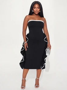 Poshavie Poshavie Plus Size Women Elegant High-End Colorblock Dress, Ruched Ruffle Strapless Dress, Suitable For Party, Ball, Shopping, Dating - Black - View 5