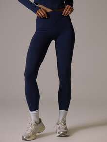 Musera Sport High Rise Ribbed Waist Seamless Fitted Active Coord Legging Fall Autumn Winter Gym Active Pilates Motion - Navy Blue - View 2