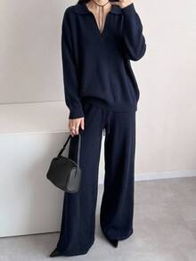 DAZY Setelan Dua Potong Wanita Atasan Lengan Panjang dan Celana Rajut Warna Polos - Navy Blue - View 5
