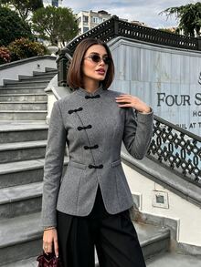 SHEIN PariChic Chinese Style Grey Stand Collar Wool Jacket Women, Asymmetrical Button Closure, Slim Fit, Elegant Short Top Cheongsam Collar Office Dinner Autumn - Grey - View 1