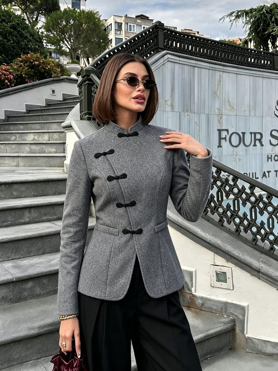 SHEIN PariChic Chinese Style Grey Stand Collar Wool Jacket Women, Asymmetrical Button Closure, Slim Fit, Elegant Short Top Cheongsam Collar Office Dinner Autumn - Grey - View 1