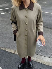 Struktiv Jaket Trench Coat Panjang Abu-Hijau untuk Wanita, Pakaian Kasual Sehari-hari, Musim Gugur/Dingin - Hijau - View 7