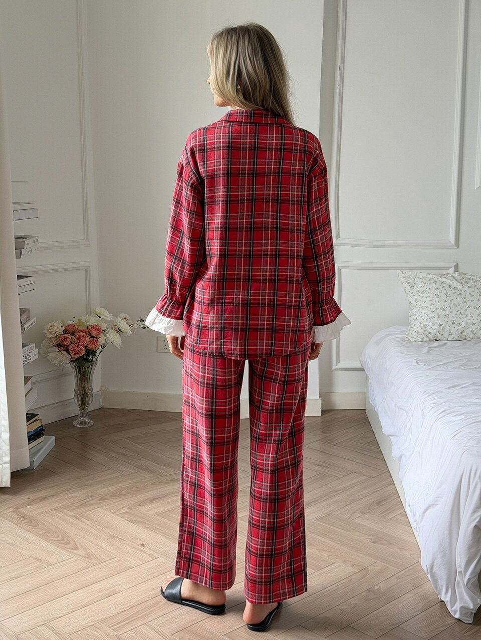 Women's Casual Plaid Button-Up Top And Long Pants Pajama Set Fall