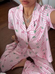 CottageSlumber Sweet Pink & White Striped Christmas Tree Bow Print Lapel Cardigan Loungewear 2 Pieces Set - Pink - View 6