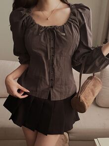 DAZY 女款純色前綁帶單排扣休閒襯衫 度假風 - 棕色 - 查看 7