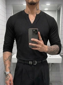 DAZY Spring/Autumn Solid Color Small V-Neck Opening Black Textured Fabric Men's T-Shirt - Black - View 8