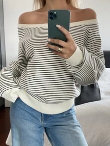 DAZY Women's Color Block Striped Asymmetrical Shoulder Asymmetrical Shoulder Long Sleeve Loose Casual Vacation Autumn/Winter Knit Sweater - White - View 2