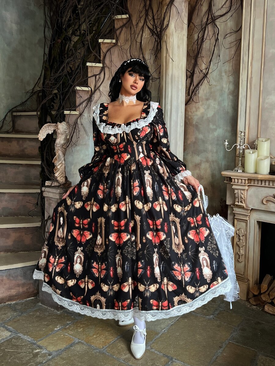 Lyrianda Plus Size Vintage Court Style Butterfly Print Dress Fall
