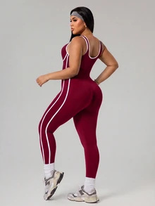 SHEIN Rhythm Era Women's Plus Size Colorblock Trim Sleeveless Fitted Athletic Jumpsuit - Burgundy - View 2