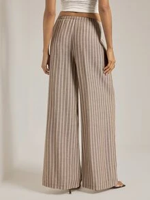 SHEIN Tall 女款高個子版復古棕色條紋直筒長褲－休閒通勤工作風 - 棕色 - 查看 2