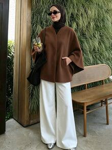 Selenza Autumn/Winter Oatmeal Color Minimalist Collarless Pocketed Cape-Style Double-Faced Overcoat, Loose Oversized Shawl Batwing Sleeve Cut, Single-Breasted Decorative Buttons, Casual Relaxed Silhouette, Flattering Slimming Versatile Commuter High-End Mid-Length Overcoat - Mocha Brown - View 7