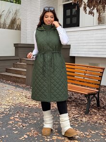 SHEIN EZwear 秋冬大尺碼加厚腰部抽繩可調節寬鬆長版外套，雙面穿 - 軍綠色 - 查看 6