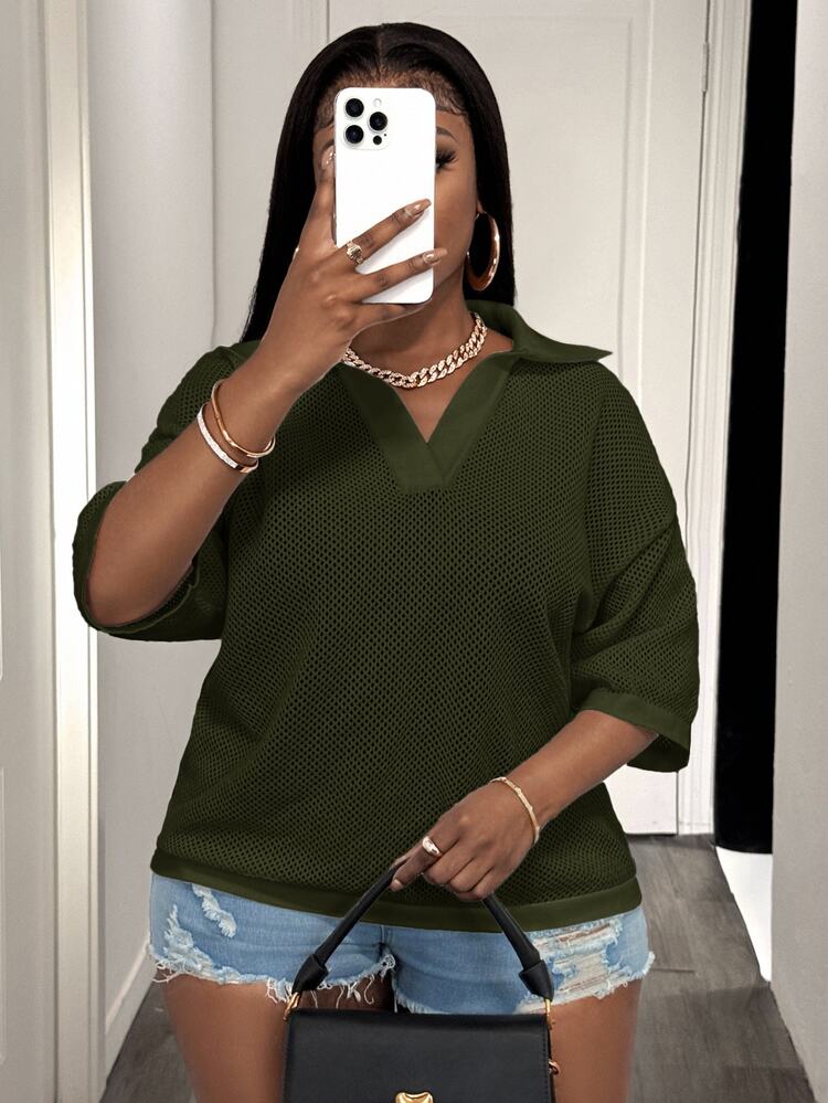 Slaydiva Plus Size Women's Solid Color Collared Short Sleeve Casual Versatile Drop Shoulder Sweater - Army Green - View 6