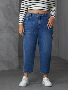 SHEIN PETITE CURVE Plus Size Casual Washed Distressed Denim Jeans - Blue - View 1