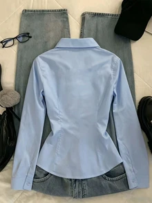 IslaSuriya 休閒百搭純色收腰女款襯衫 - 淺藍色 - 查看 2