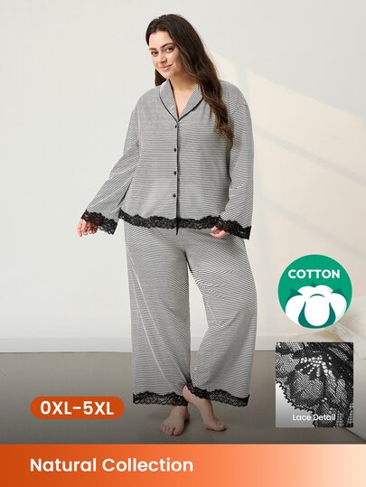 LUVLETTE Conjunto de ropa de casa para mujer de talla grande con cárdigan de encaje abotonado con patrón de rayas y pantalones de manga larga, pijamas de algodón cómodos y conjuntos de descanso para mujer