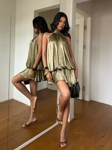 Aloruh 女款優雅淡黃色掛脖綁帶迷你洋裝 - 橄欖綠 - 查看 4