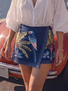 CAJUNI Women's Casual Daily Dress Skirt With Plant And Bird Pattern - Navy Blue - View 4
