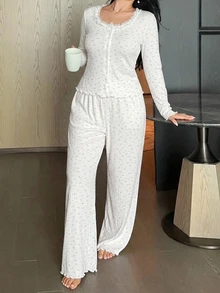 Dazy Plus Floral Pattern Contrast Lace Pants & Fitted Long Sleeve Top 2 Pieces Loungewear Set, Pink Pajama Set - White - View 4