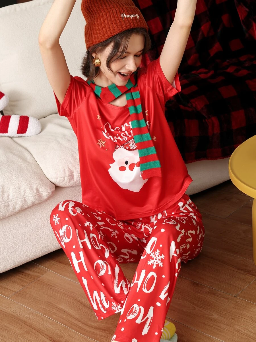 Chillnights Women's Cartoon Print Short Sleeve Top And Long Pants Pajama Set - Red - View 1