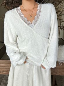 Dazy Plus Fuzzy Thick Contrast Lace Trim Beaded Decor Loose Long Sleeve Elegant Spring/Autumn Pullover Sweatshirt - Beige - View 6
