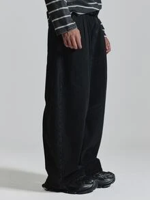 Musero Celana Jeans Denim Hitam Model Barrel Leg dengan Lipatan Pinggang dan Resleting, Pakaian Esensial Musim Gugur dan Musim Dingin - Hitam - View 3