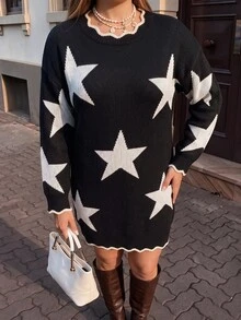 Linhara CURVE Autumn/Winter Thick Plus Size Loose Fit Five-Point Star Knit Sweater Dress Women Wavy Ruffle Round Neck Lazy Slimming Long Sleeve Dress - Black and White - View 4