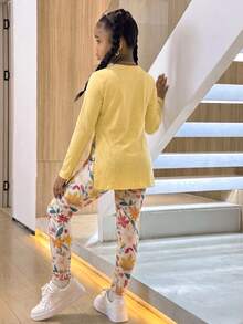 青少年女孩寬鬆長袖上衣與側開衩修身內搭褲 2 件套裝 - 彩色 - 查看 2