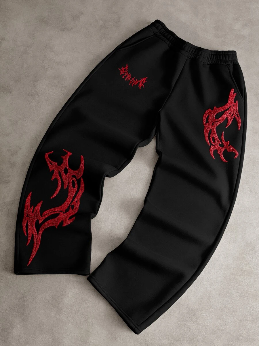 PAVTROS 男士街頭哥德風 3D 刺繡直筒運動長褲,寬鬆版型,中性款,街頭休閒風,舒適運動長褲 - 黑色 - 查看 1