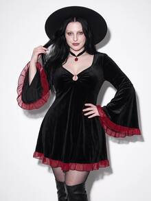 SHEIN ICON Plus-Size Y2K Gothic Retro Dress Featuring A Chest Cutout, Flared Sleeves, And Contrasting Ruffles; Halloween Dress; Witch Costume. Fall - Black - View 2