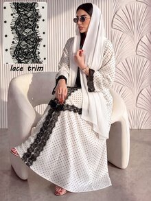 Al Najma Spring/Autumn V-Neck Lace Trim Polka Dot Dress - Black and White - View 5