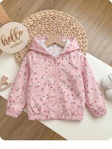 SHEIN 女嬰可愛休閒粉色花卉圖案連帽秋季外套 - 淺粉色 - 查看 4