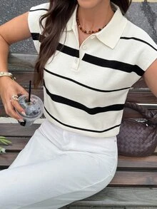 Serisse Women's Fashion Button Half-Placket Striped Knit Top - White - View 6