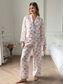 DAZY Women's Bow Print Front Tie Long Sleeve Top And Pants Pajama Set Fall - Pink - View 6