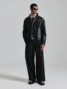 Musero Chaqueta Trucker Oversize con Hombros Caídos en P.U con Apertura de Cremallera Esenciales de Otoño e Invierno - Negro - Ver 3