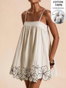 Travachic Women's Floral Print Pleated Casual Everyday Summer Spaghetti Strap Dress - Beige - View 1