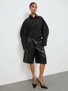 Maija Jaket Wanita Model Double-Breasted dengan Kerah dan Pengencang Pinggang - Hitam - View 5