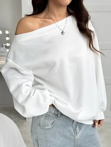 SHEIN EZwear Plus Size Women's Solid Color Asymmetric Neck Drop Shoulder Long Sleeve Casual T-Shirt Fall - White - View 3