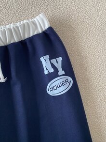SHEIN Tween Girls Casual Drawstring Hem Wide Leg Straight Sweatpants, Fall Winter - Navy Blue - View 6