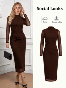 Ellevyn Gaun Midi Elegan Wanita Warna Polos Kerah Tegak Lengan Panjang dengan Detail Kerut dan Potongan Pas Badan - Coffee Brown - View 1