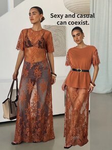 Lavishia Gaun Panjang Transparan Seksi Berenda untuk Wanita, Cocok untuk Kencan dan Pesta - Coklat - View 11