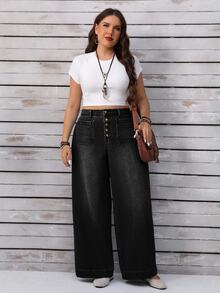 SHEIN CURVE+ Plus Size Women's Button Fly Casual Loose Wide Leg Denim Jeans - Black - View 8