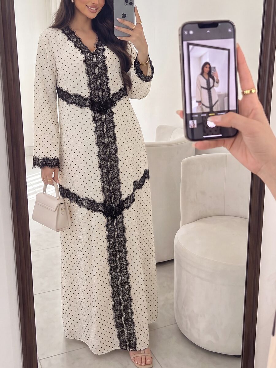 Al Najma Spring/Autumn V-Neck Lace Trim Polka Dot Dress - Black and White - View 1