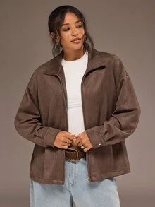 Freevana Plus Size Casual Versatile Jacket For Autumn Fall - Coffee Brown - View 5