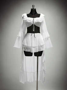 SHEIN ICON Gaun Ukuran Besar Warna Putih Hitam Kerah Persegi Depan Berkerut Pendek Belakang Panjang, Kostum Halloween Gaya Boho Gothic, Pesta Malam Gaya Kapten Istana Musim Gugur - Hitam dan Putih - View 3
