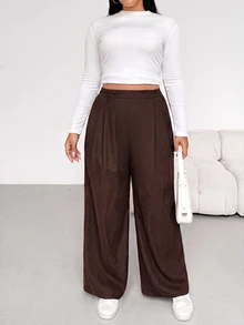SHEIN Essnce 大尺碼女款純色休閒百搭日常旅行長褲 - 咖啡棕 - 查看 6