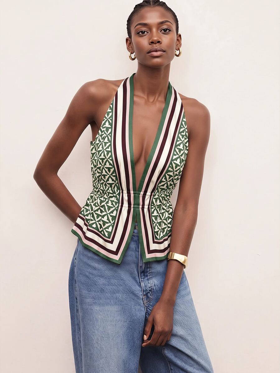 CAJUNI Women's Vacation Geometric Print Striped Sexy Halter Top - Olive Green - View 1