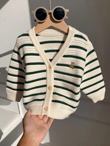 SHEIN 中性嬰兒男/女嬰秋季/冬季休閒可愛條紋針織開襟毛衣外套，男嬰秋冬服飾，柔軟舒適，復古風 - 彩色 - 查看 3