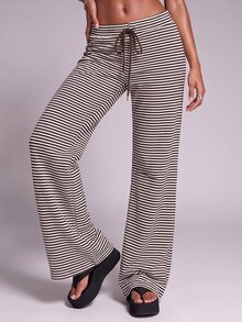 Nooralise Fashionable Hot Girl Sporty Striped Drawstring Tie Wide Leg Long Pants - Multicolor - View 5